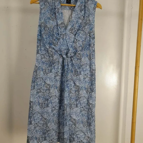 DAVID LAWRENCE Blue Cotton Printed Tie Front Sleeveless Midi Dress - Picture 13 of 14